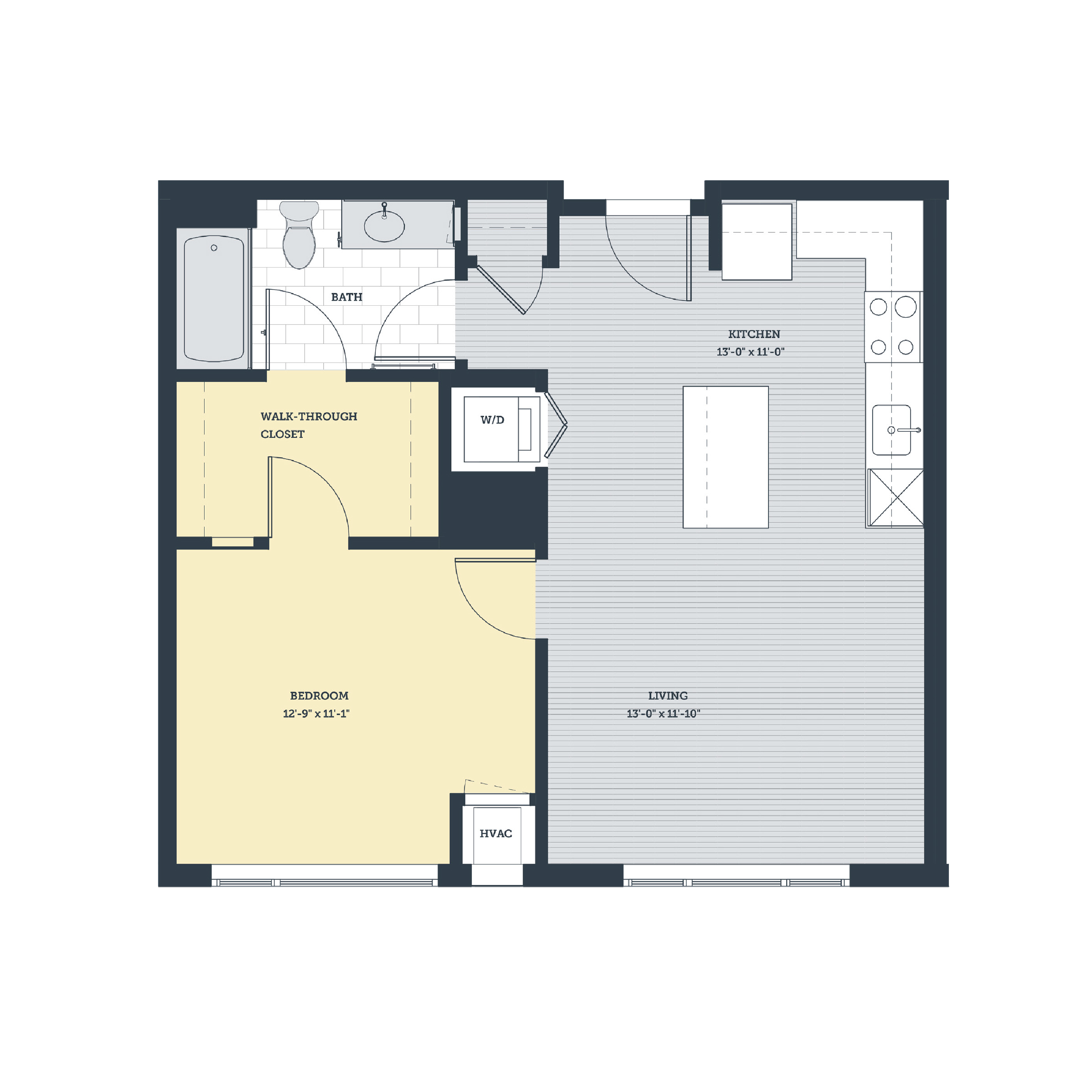 Floor plan for 1 bed, 1 bath, 674 sqft